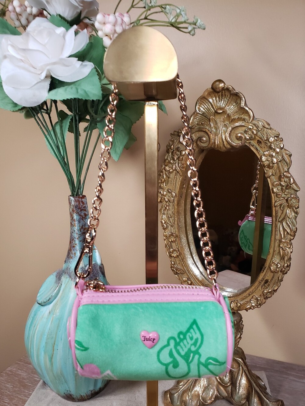 Juicy Couture Green and Pink Mini Bag w/ Gold Chain